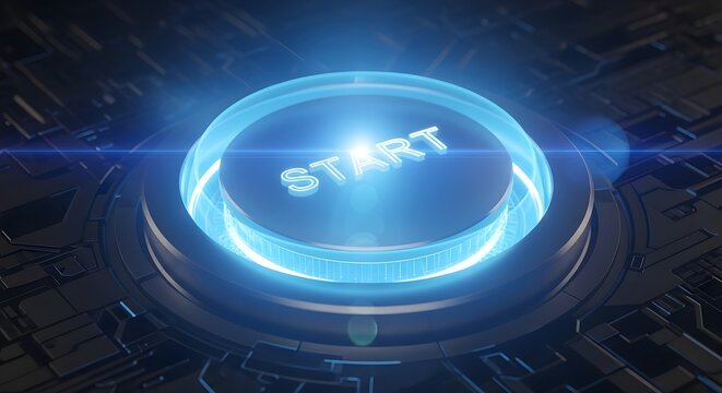 Close-up of a glowing blue circular 'START' button on a futuristic, metallic interface, symbolizing the beginning of a new project or journey.