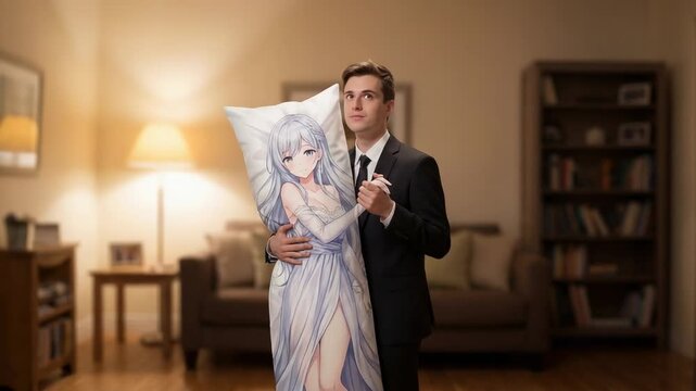Frame showing man cradling dakimakura, miming partner hold, shifting gaze in living room in suit