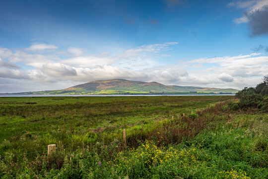 Criffel mountain rising above Solway Firth marshlands near Dumfries, Scotland