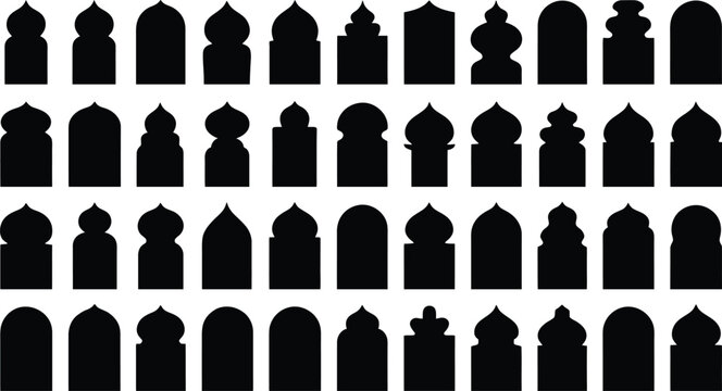 Collection of black silhouettes of chess pieces on white background.
