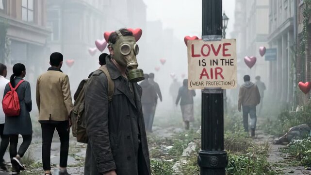 Standing man wearing gas mask watching people entering foggy street, lamppost warning and balloons