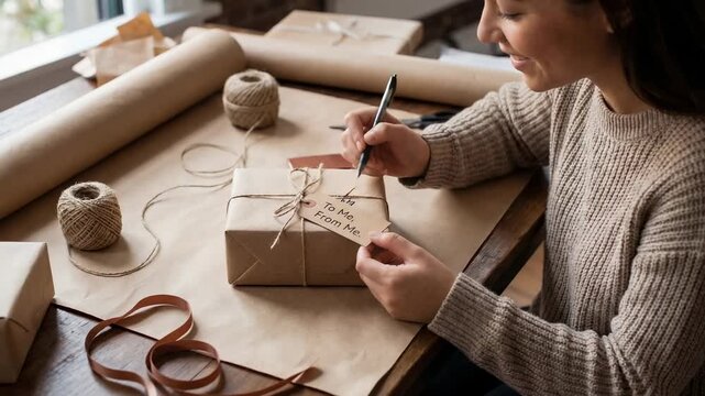 Placing box, woman knitted sweater writing To Me From Me on tag, threading twine, copy space