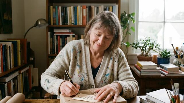 Steadying tag woman in cardigan writing name with dark-pen on kraft parcel preparing gift at desk