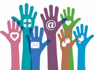 Diverse hands raised with symbols representing communication and unity