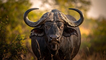 Majestic Cape Buffalo Portrait in African Wilderness.