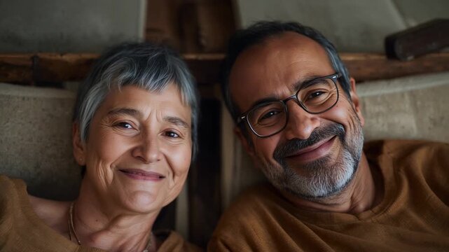 After camera cue senior couple leaning and smiling at home on cushioned bench, glasses tan tops