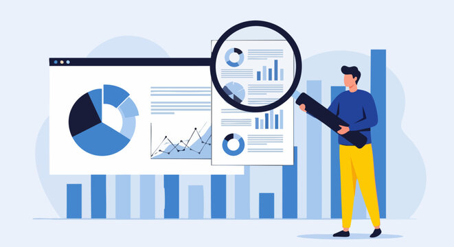Male analyst closely examining complex financial data reports visualized through digital charts and graphs using a magnifying tool.