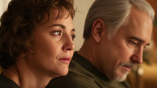 Opening eyes, woman lifting head from man's shoulder on sofa at home, olive-sweater dark-top lamp