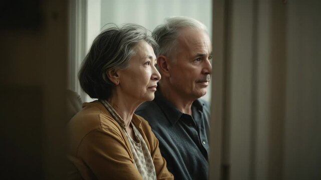 Sitting senior couple gazing at soft window light at home, wearing mustard cardigan and gray shirt