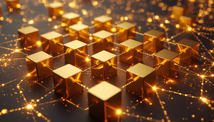 Golden cubes connected by glowing lines abstract network or blockchain concept