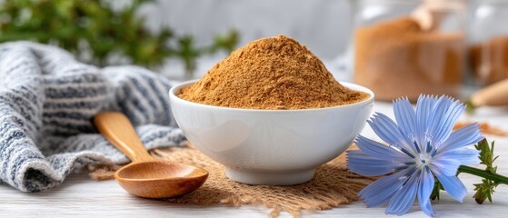 Chicory powder in a wooden bowl with a spoon and a blue wildflower in sunlight on a simple background