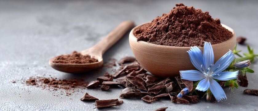 Chicory powder in a wooden bowl with a spoon and a blue wildflower on the side under sunny light