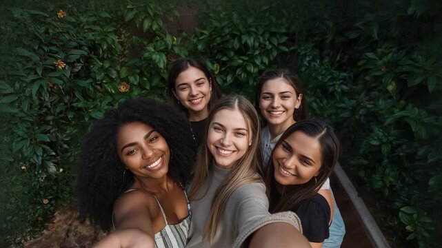 Smiling five friends leaning in hedge with blooms and railing, friend lifting smartphone to capture