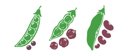 Collection of Icons Featuring Bean Pods and Seeds, Including Green Pea and Chickpea Natural Vegetables. Kidney Harvest, Nutritious Food Isolated Against a White Background. Organic Vegetables, Garden 