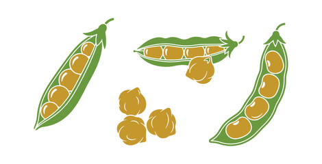 Icon Set of Bean Pods and Seeds, showcasing Green Peas and Chickpeas, which are Natural Vegetables. Kidney Harvest, Healthy Food isolated on a White Background.