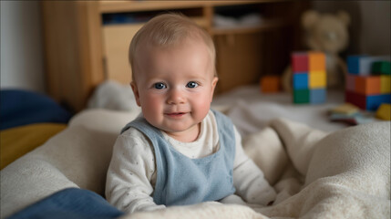 An adorable baby wearing a bib plays on a soft blanket, with cheerful blocks scattered around, showcasing a vibrant playroom filled with laughter and fun, perfect for small children activities.