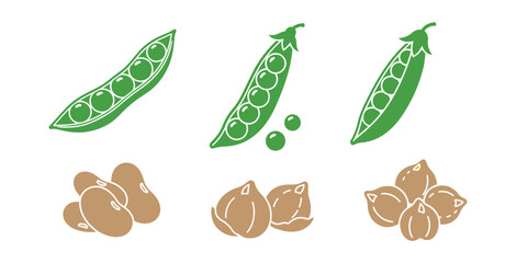 Set of Icons that includes Bean Pods and Seeds, featuring Green Peas and Chickpeas, all Natural Vegetables. Kidney Harvest, Healthy Food on a White Background. Organic Veggies, Garden Plants. 