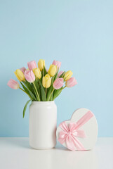 Obraz premium Mother's Day and 8 March theme. side view table features a heart-shaped present and a vase of vibrant tulips against a soft blue backdrop, offering blank space for your message