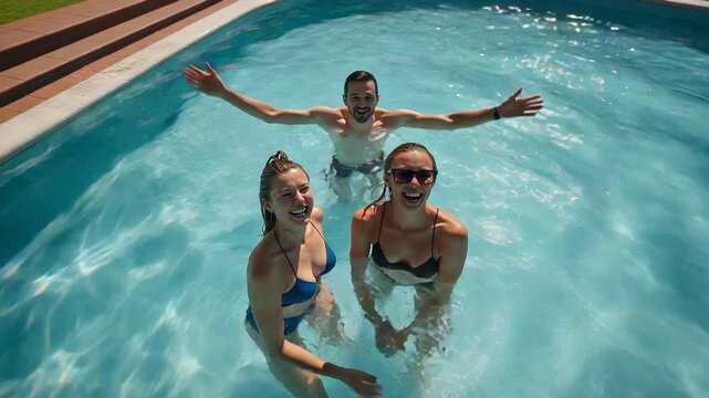 Splashing friends reaching camera at pool after camera move, posing for selfie in swimwear, shades