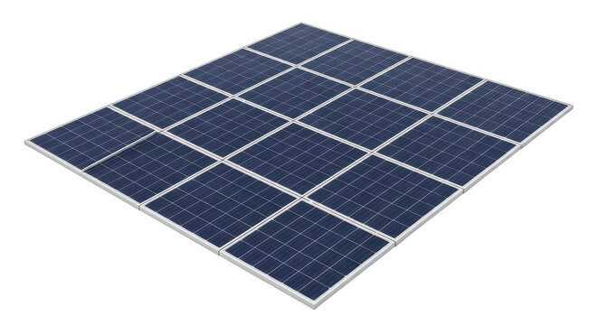 Solar panel with multiple dark blue photovoltaic cells isolated on transparent background