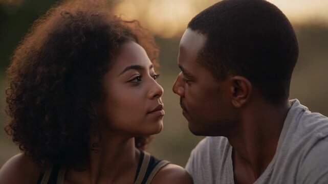 Turning couple responding to mutual glance on grass at sunset, in dark tank and light tee
