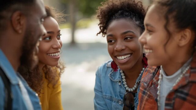 Responding central woman raising hand while bearded man starting talking at park, with necklace