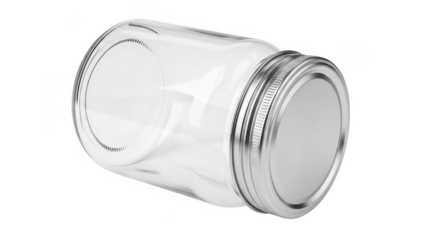 Empty clear glass jar with silver lid isolated on transparent background