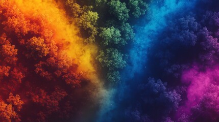 Fototapeta premium Aerial View of a Rainbow Colored Forest with Vibrant Gradient Path Under a Canopy of Trees