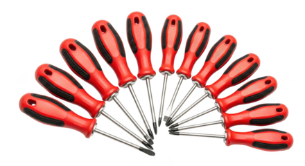A set of twelve red handled screwdrivers fanned out on a transparent background
