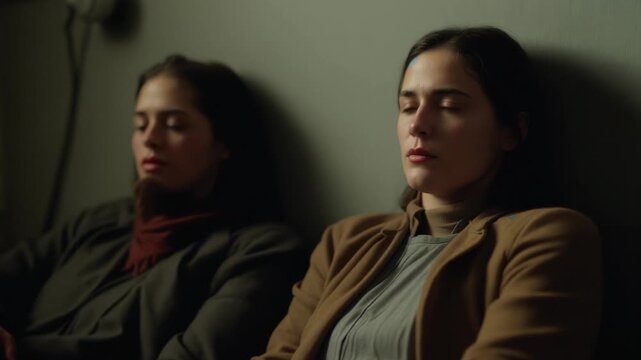 Blinking from warm light, two women settling against wall at home, wearing coats, outlet cable
