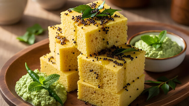 Savory dhokla snack pieces stacked on wooden plate with green chutney garnish