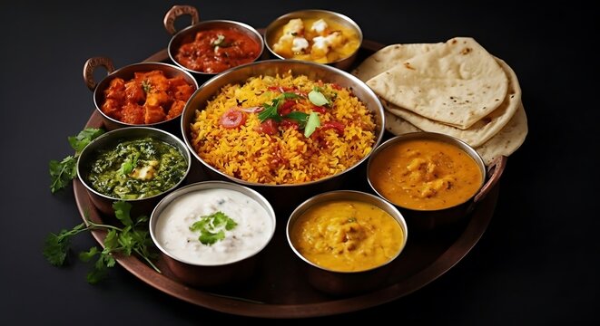 A vibrant and diverse indian thali featuring an assortment of flavorful curries, rice, and flatbreads