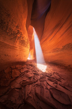 View of a shaft of sunlight piercing the depths of a red canyon, illuminating the rocky floor with ethereal light, Escalante, Utah, United States.