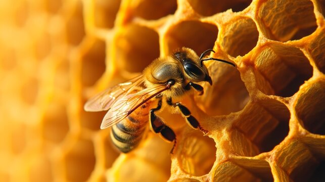 Close Up View of Busy Bee Working Inside Beehive, Detailed Honeycomb Structure, Nature s Industry