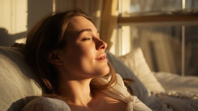Sunlight bathing reclining woman wearing top closing eyes for rest on bed near window, copy space