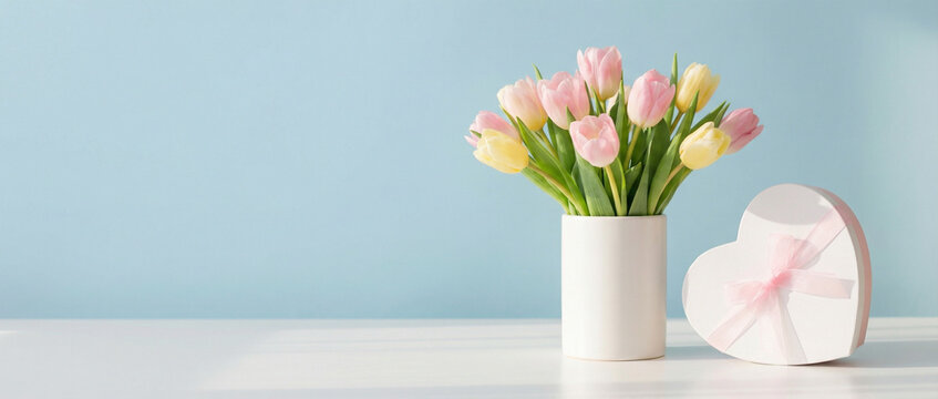 Mother's Day and 8 March theme. side view table features a heart-shaped present and a vase of vibrant tulips against a soft blue backdrop, offering blank space for your message