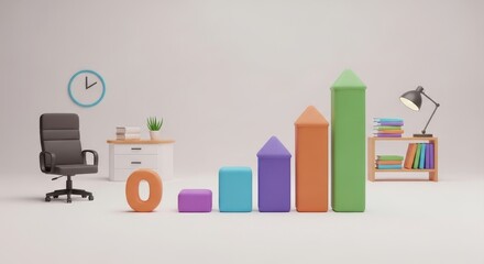 Office Workspace with 3D Bar Graph.