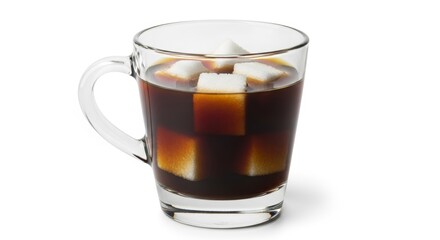 A transparent glass mug containing dark coffee with white sugar cubes floating on the surface.