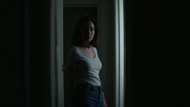 Turning woman angling toward camera in doorway after vertical light appearing, wearing tee, jeans