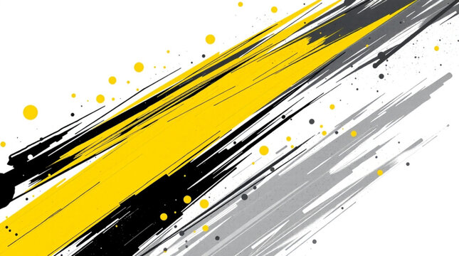 Dynamic abstract background with yellow, black, and grey brush strokes and paint splatters creating a modern artistic design.