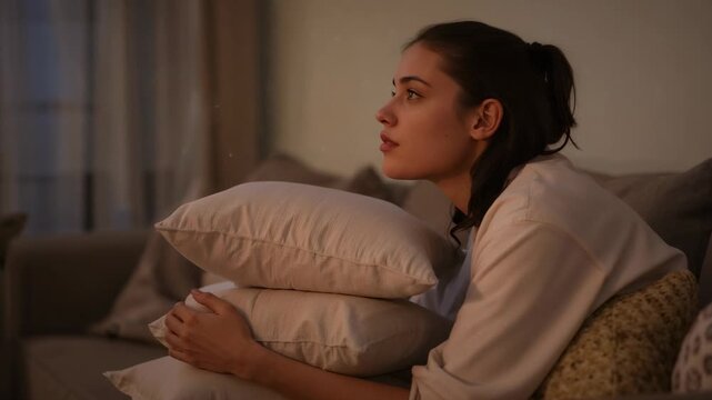 Holding three pillows, woman lifting head on sofa seeing glow wearing long sleeve top, copy space