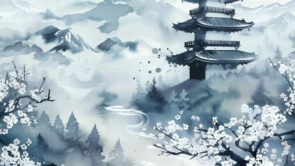  Misty Mountain Temple Overlooking Snowy Pines and Blooming Cherry Trees at Dawn