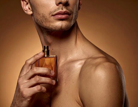 Handsome shirtless man holding perfume bottle, applying fragrance, masculine beauty, sensual advertising style, brown background, close-up shot, luxurious lifestyle, attractive male model, e