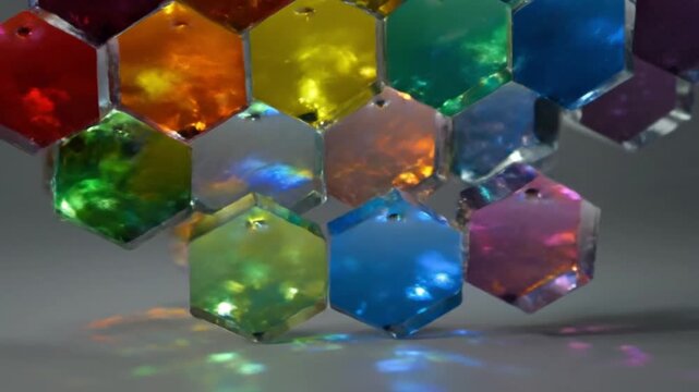 Vibrant translucent hexagonal prisms integrate spectrum light refraction to optimize creative design solutions in a modern studio environment.
