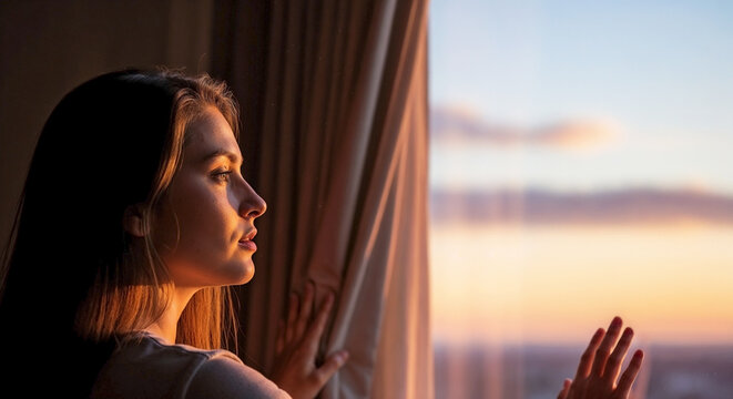 Young woman opening curtains and looking out window at sunset. Profile of female face in golden hour light. Concept of hope and dreaming