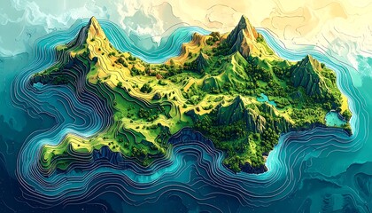 Aerial View of Lush Island with Mountain Peaks and Turquoise Waters.