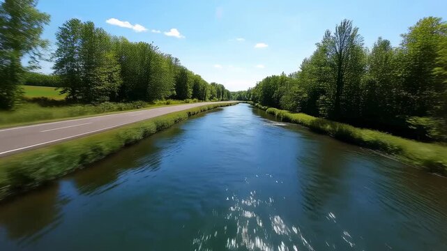 Initiating aerial pass, drone tracking narrow shiny river along road through trees, showing glints