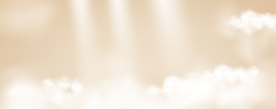 Beige candy caramel cream clouds with sunburst light effect background. Heaven magic fog sky sunny day template. Morning fantasy surface for cosmetic product. Pastel caramel colors clouds. Vector bg.
