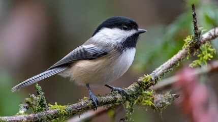 Tiny songbird on a slender branch with a soft forest backdrop and distinctive black cap