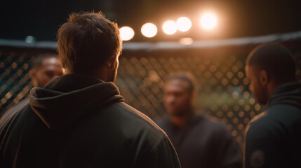 Obraz premium A post-fight analysis scene in a combat sport arena where experts discuss the athletes' performances, breaking down techniques and strategies used during the martial arts match for a deeper